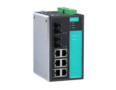 Moxa EDS-508A-MM-ST - Managed Ethernet switch with 6 10/100BaseT(X) ports, and 2 100BaseFX multi-mode ports with ST connectors, by MOXA