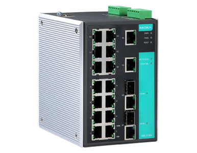 Moxa EDS-518A - Managed Gigabit Ethernet switch with 16 10/100BaseT(X) ports, and 2 combo 10/100/1000BaseT(X) or 1000BaseSFP slo by MOXA