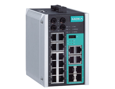 Moxa EDS-518E-MM-ST-4GTXSFP - Managed Gigabit Ethernet switch with 12 10/100BaseT(X) ports, 2 100BaseFX multi-mode ports with ST by MOXA