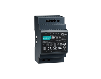 Moxa HDR-60-24 - 60 W/2.5 A DIN-rail 24 VDC power supply, universal 85 to 264 VAC or 120 to 370 VDC input voltage, -30 to 70 Deg by MOXA