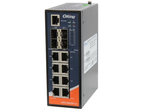 ORing IGPS-9084GP-LA - Industrial Slim 12-port Secured managed Gigabit PoE Ethernet switch with 8x10/100/1000Base-T(X) P.S.E. po by ORing Industrial Networking