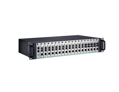 Moxa TRC-2190-DC-48V - 2U Rackmount chassis, with a single 36 to 53 VDC input, 18 slots on the front panel, and CSM-MN01 managed by MOXA